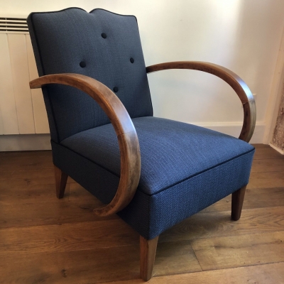 Fauteuil grand bridge tissu bleu et noir 